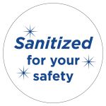 Sanitized Sticker in Blue & White, Plastic Vinyl, 2 in Diameter